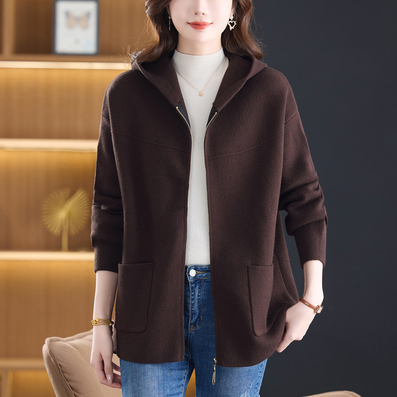 中年妈妈装秋冬连帽羊毛呢外套女宽松加肥加大码高贵双面呢子大衣