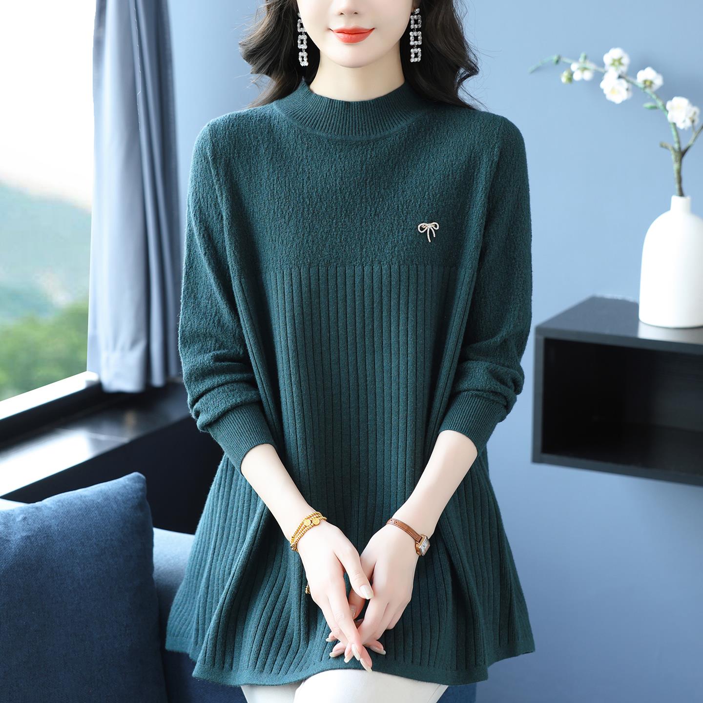 中年妈妈冬季半高领针织衫女毛衣中长款宽松大码遮肚子羊毛打底衫