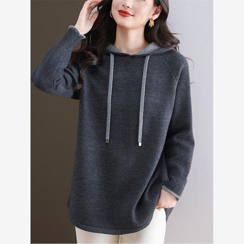 中年妈妈连帽毛衣女秋冬休闲大码羊毛针织衫中长款遮屁股打底衫