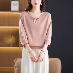 中年妈妈春装钉珠冰丝针织小衫女士宽松七分袖条纹桑蚕丝t恤上衣