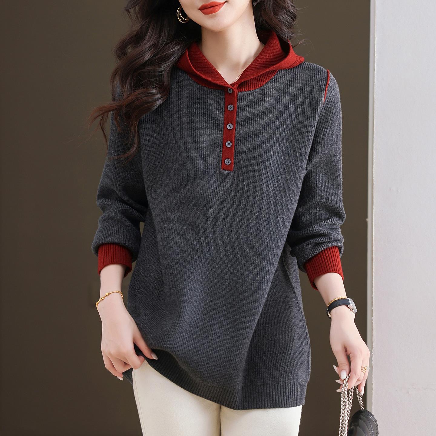 胖mm秋冬新款连帽毛衣女