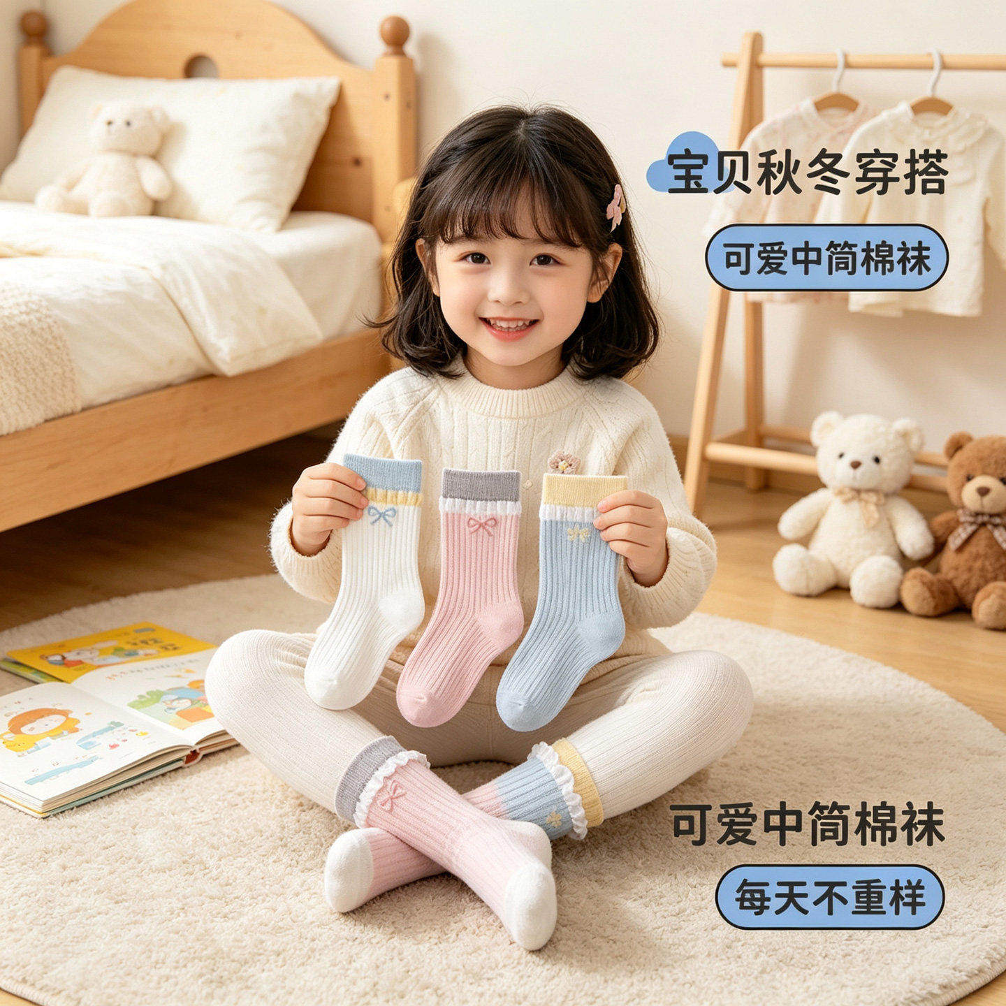 儿童袜子女中筒棉袜保暖