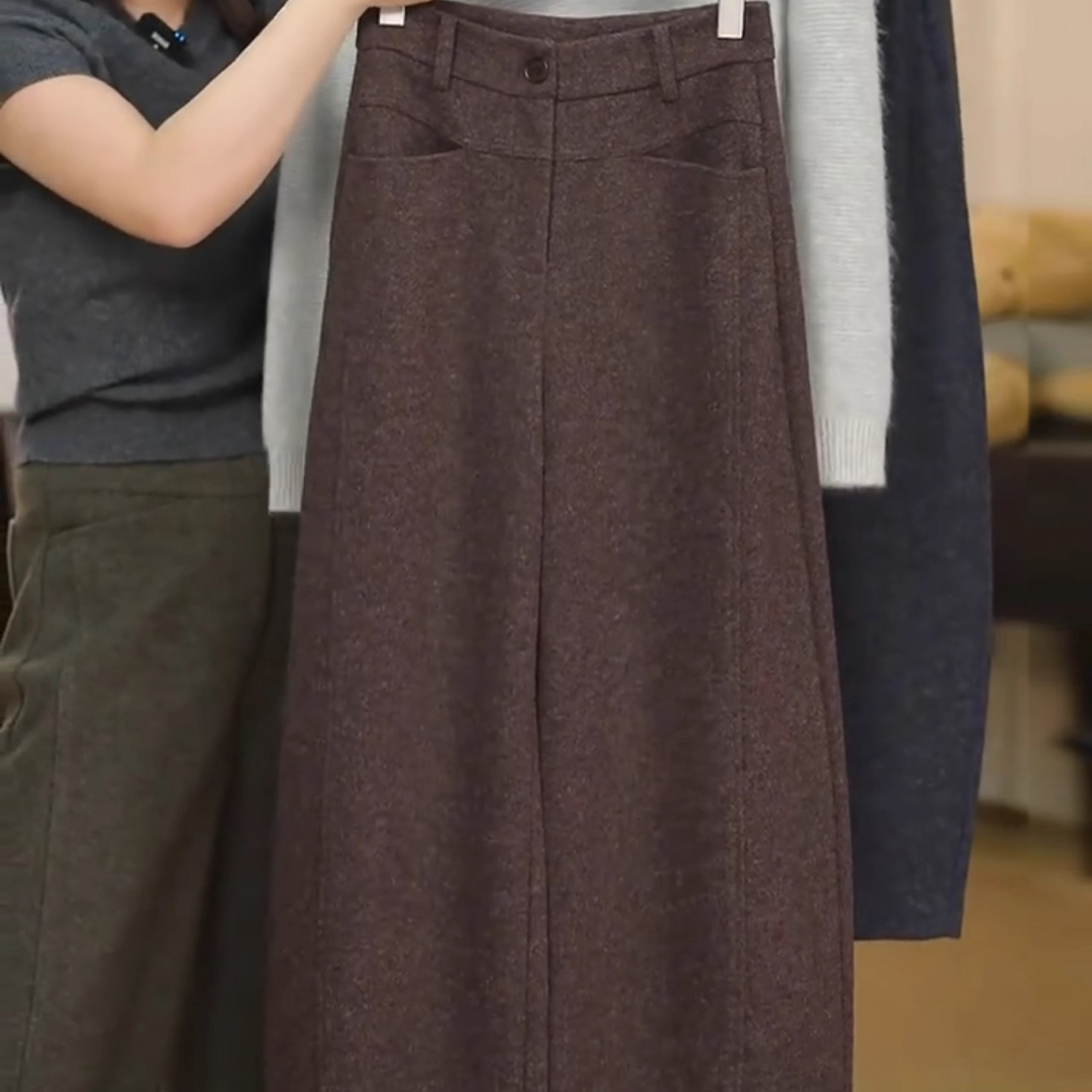 板栗棕加绒羊毛阔腿裤女弯刀裤子