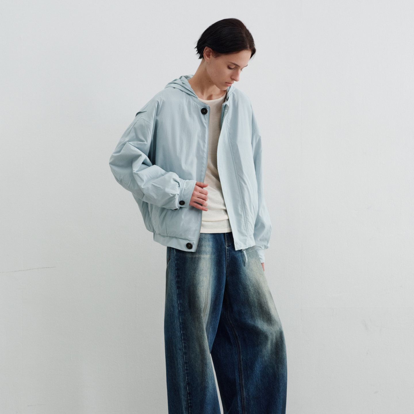 ChelChel2025秋冬新品雾霾蓝短款双面穿连帽防风保暖羊毛风衣