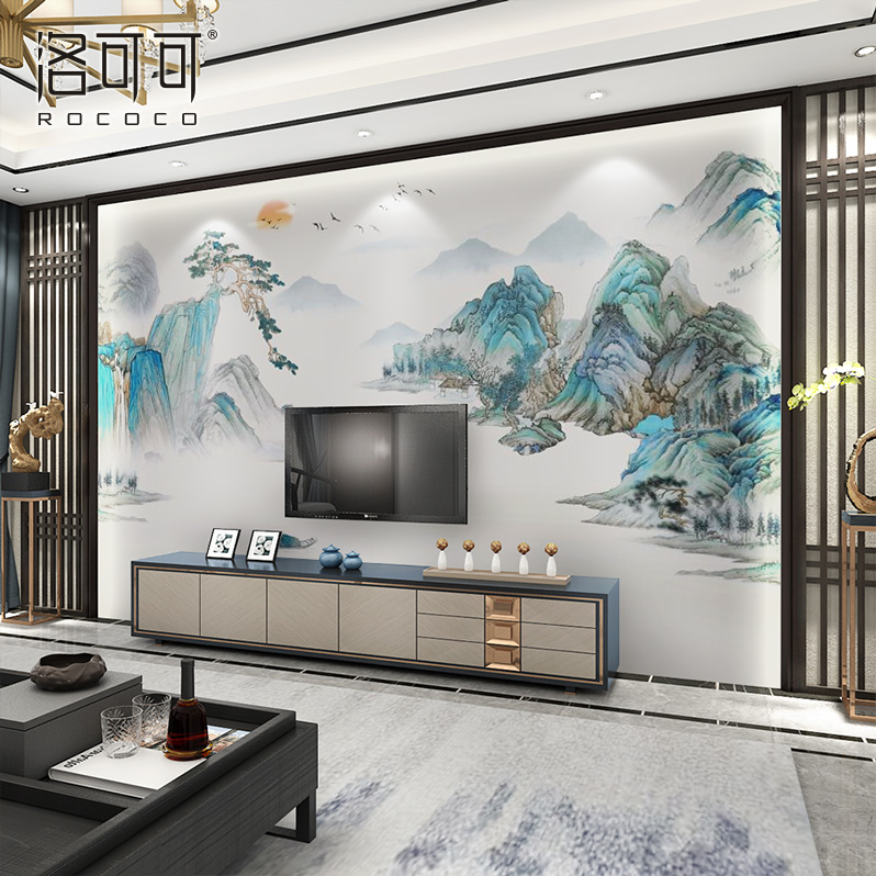 国潮风山水壁纸壁布新中式墙x纸客厅酒店民宿装饰壁画电视背景墙