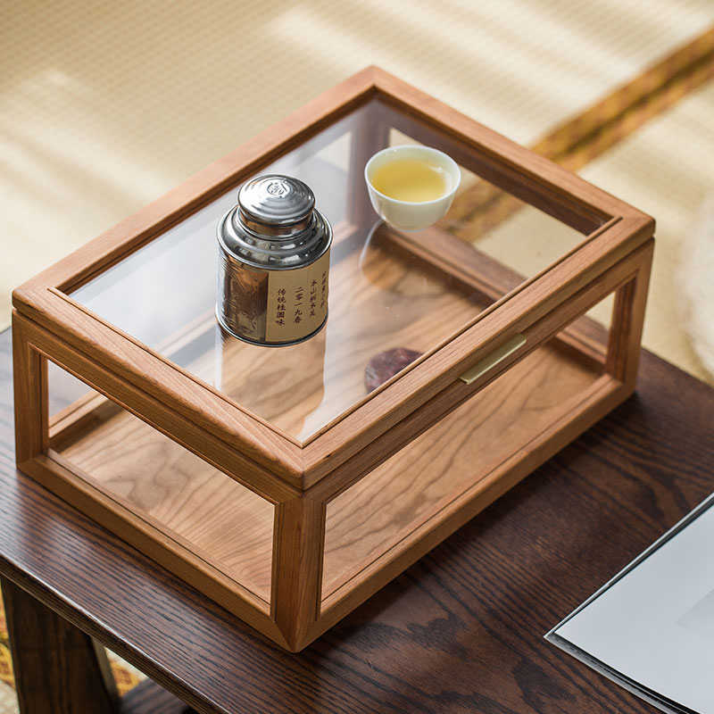 桌面茶具收纳盒子黑胡桃木茶杯茶具架钢化玻璃收纳柜X实木质整理