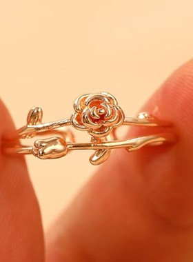个性化时e尚玫瑰花食指开口戒指