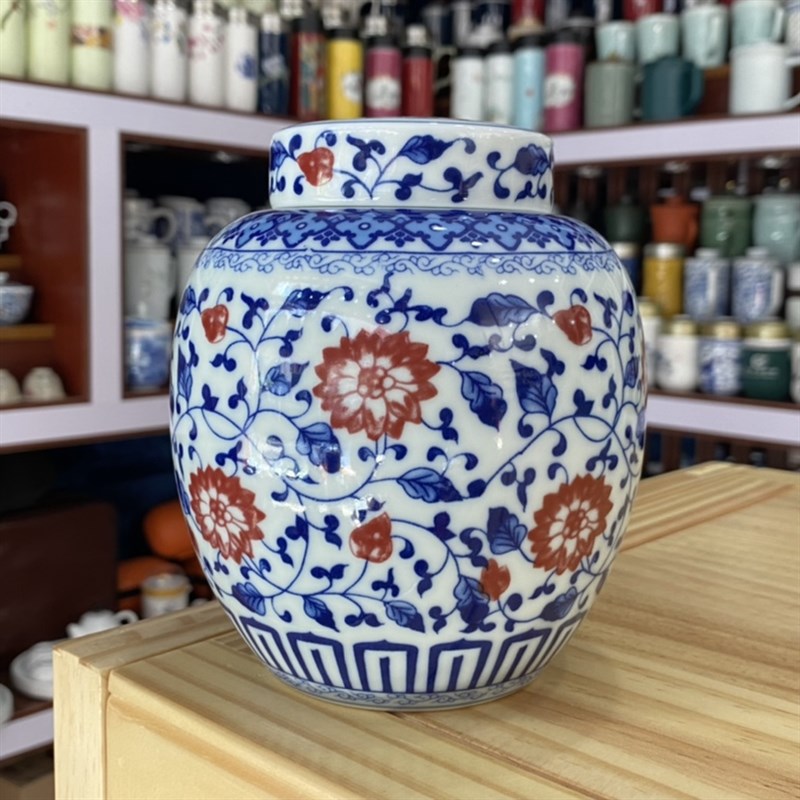 青花釉里红缠枝莲茶叶罐双盖陶瓷储物罐空罐密封茶V仓大容量装茶