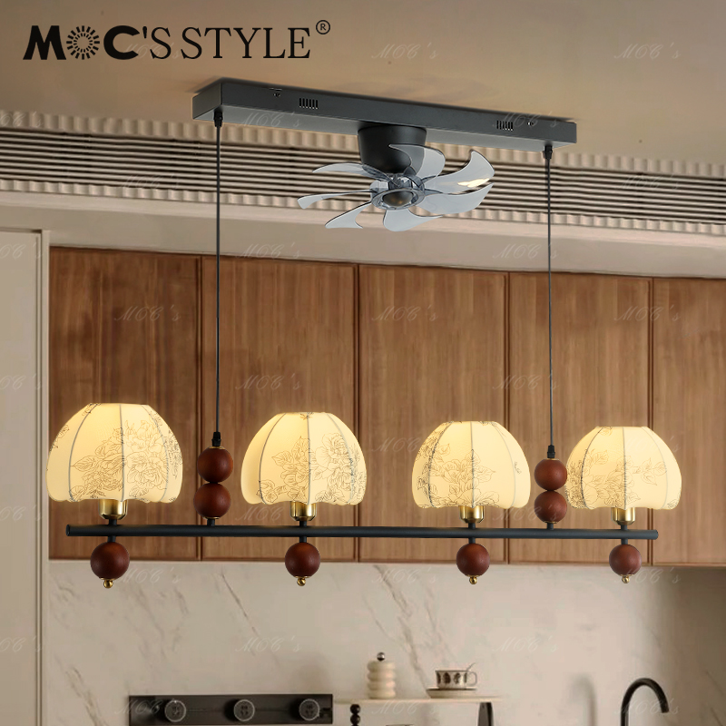 默川法式复古花纹布m艺餐厅吊扇灯实木奶油中古风书房餐桌风扇吊