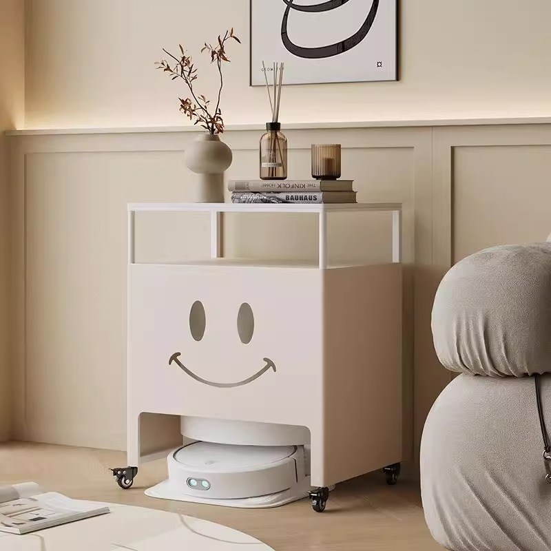 奶油风岩板鱼缸底柜扫地机器人上方E置物架柜可移动扫地机基站边