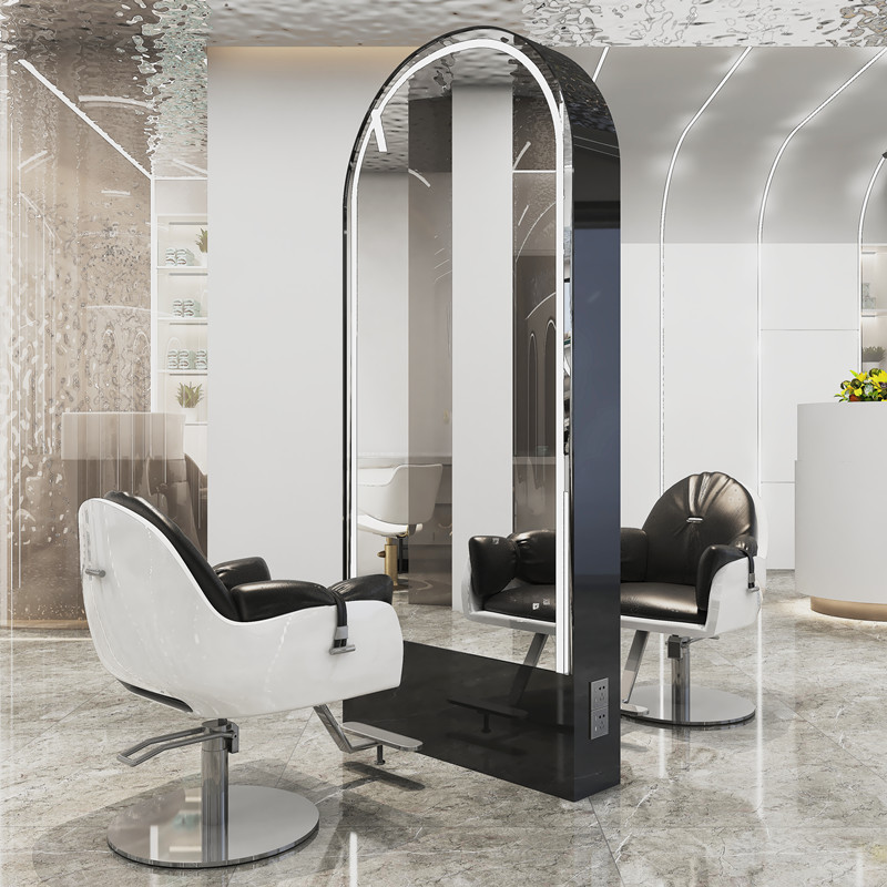 新款简约理发店镜台带灯不锈钢单双面落地发廊镜全身美发镜子