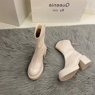 小个子BI备 靴子女马丁靴圆头厚底粗跟高跟后拉炼黑色短靴