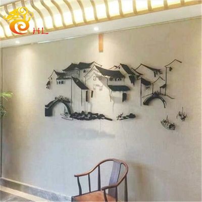 中式小桥流水大型铁艺壁挂画别墅庭院画廊旅游景区客厅背景墙装饰