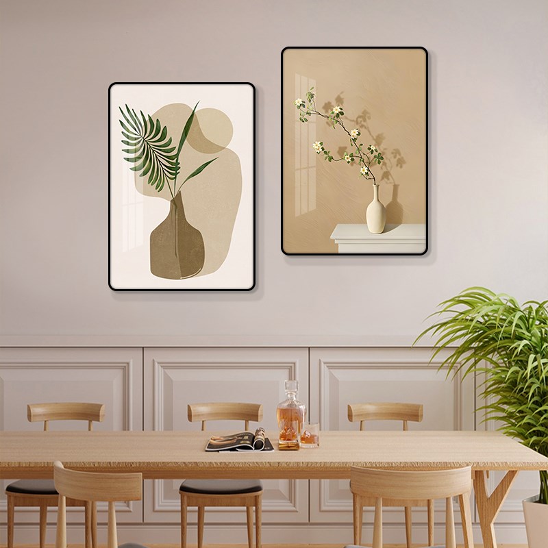 现代简约餐厅装饰画酒杯绿植饭厅挂画花卉二联餐桌墙面晶瓷墙壁画图片