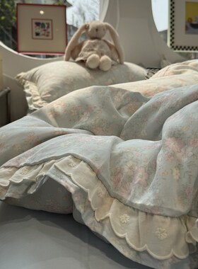 A类田园双层花边双层纱少女心蓝色小碎花四件套1.5m1.8米全棉纯棉