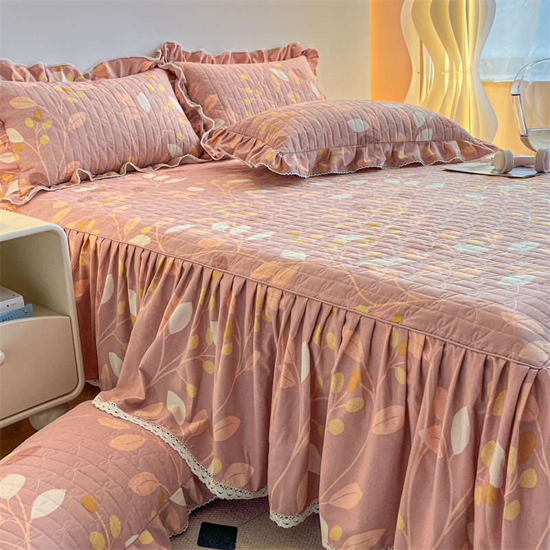 新款纯棉磨毛夹棉加厚花边床裙式床罩四件套高档全棉防滑床单被套