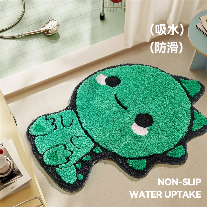 可爱毛绒地毯卧室儿童房床边毯玩耍阅读区地垫坐垫卡通绿色恐龙图