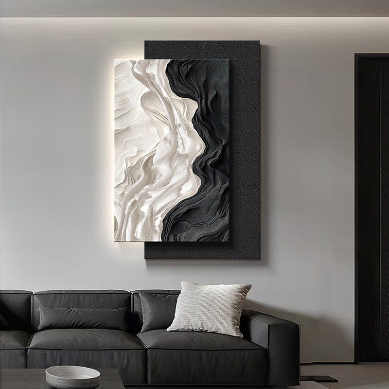 黑白抽象客厅装饰画现代简约沙发背景墙挂画高级感立体玄关壁画灯,家居饰品,现代装饰画,淘宝优惠券,粉丝福利购,淘宝优惠卷