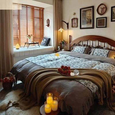 全木法中古风主卧多种美式复古双人色床新中式实胡桃木竖琴大床