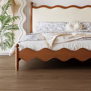 式复古实全木床中古主卧WPQ轻奢约双人床1.8简米原木美设计师软包