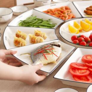 简约黑线扇形拼盘餐具组合年夜饭聚会圆桌菜盘子大号陶瓷团圆套装