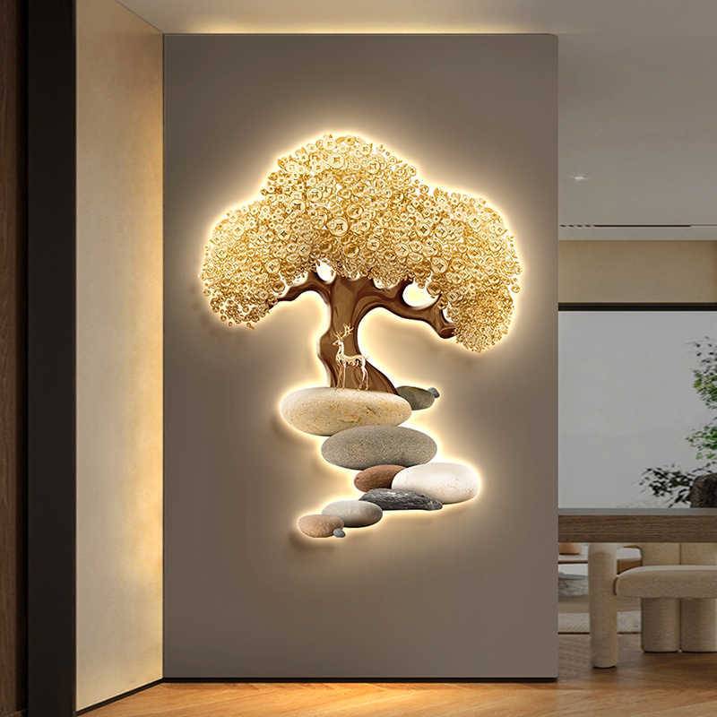 发财树入户玄关装饰画对门过道走廊吉祥鹿led壁灯画发光简约挂画图片