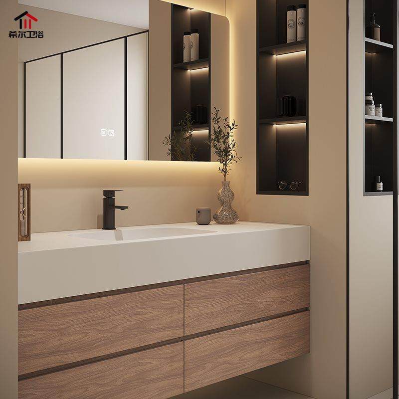 日式原木卫风浴室柜组合可丽耐脸一体无缝陶瓷盆生间橡洗洗595木