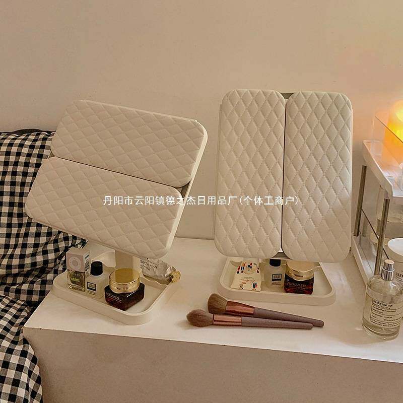 贝壳双开门led化妆镜带灯收纳盒一体台式桌面折叠可调节镜子学生