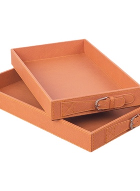 橙色皮革托盘摆件 样板间PU皮质黑色餐盘果盘 首饰展示盘长方形