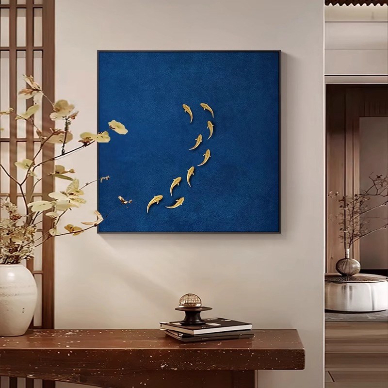 新中式极简蓝色玄关装饰画客厅背景墙方形挂画酒店民宿高级感壁画图片