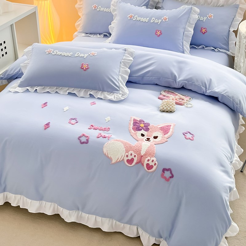 草莓兔卡通毛巾绣四件套2025新款非全棉被罩床套床单款三件套