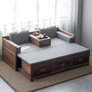 新中式罗汉床推拉床黑胡桃家具实木仿古床塌沙发禅意中式客厅卧榻