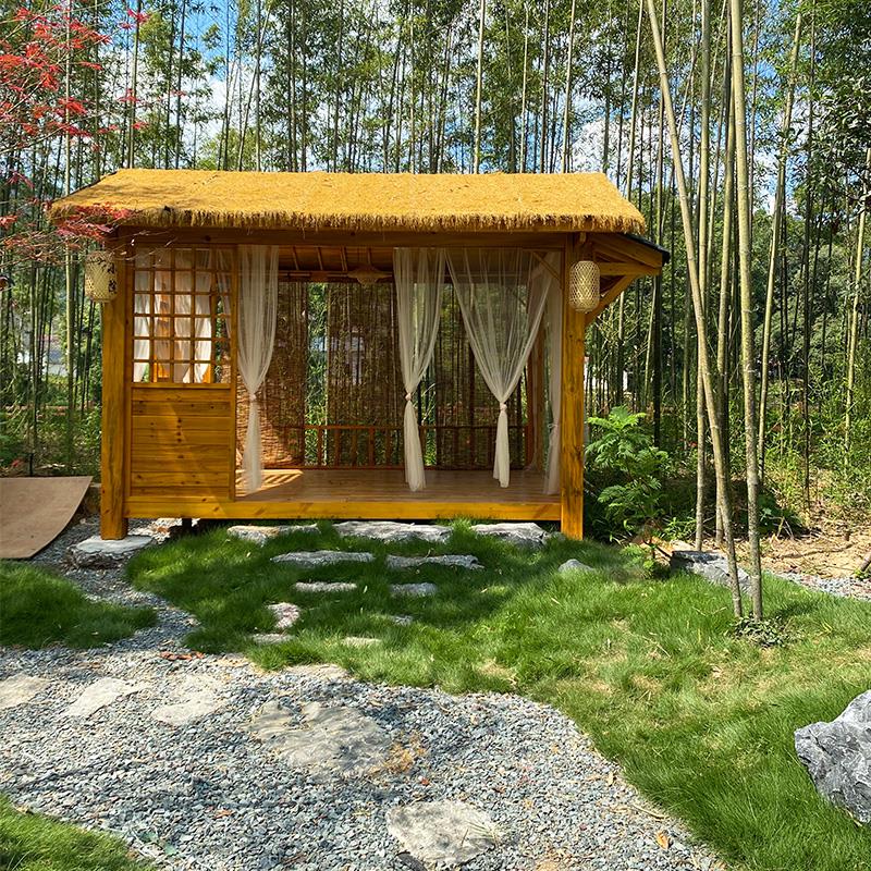 防腐凉户外与亭定制实木结构网实木红庭院茶木室茅草棚造景