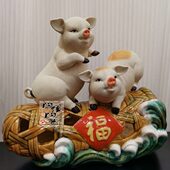 金猪献福 陶瓷工艺品 猪 生肖 猪笼入水 石湾公仔