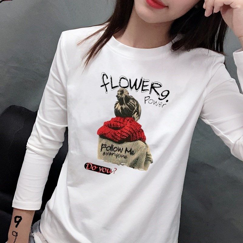 2025春秋冬白色t恤女长袖宽松圆领韩版印花大码百搭纯棉打底衫女,女装/女士精品,T恤,淘宝优惠券,粉丝福利购,淘宝优惠卷
