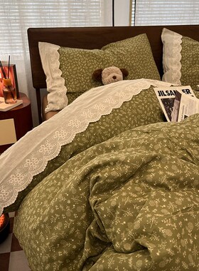 双层纱四件套床上用品100全棉红色被套罩床单三件套四季通用4