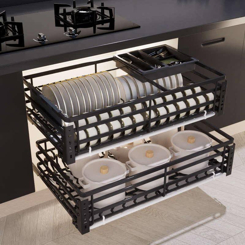 拉篮厨房橱柜调味料304不锈y钢碗碟架双层抽屉式滑轨收纳碗篮拉蓝