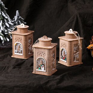 木质圣诞带灯房子烛台桌面摆台防风灯道具彩绘圣诞小夜灯