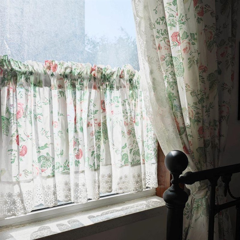 美式田园碎花纯棉蕾丝半帘短帘隔断帘厨房卧室免打孔门帘遮挡帘