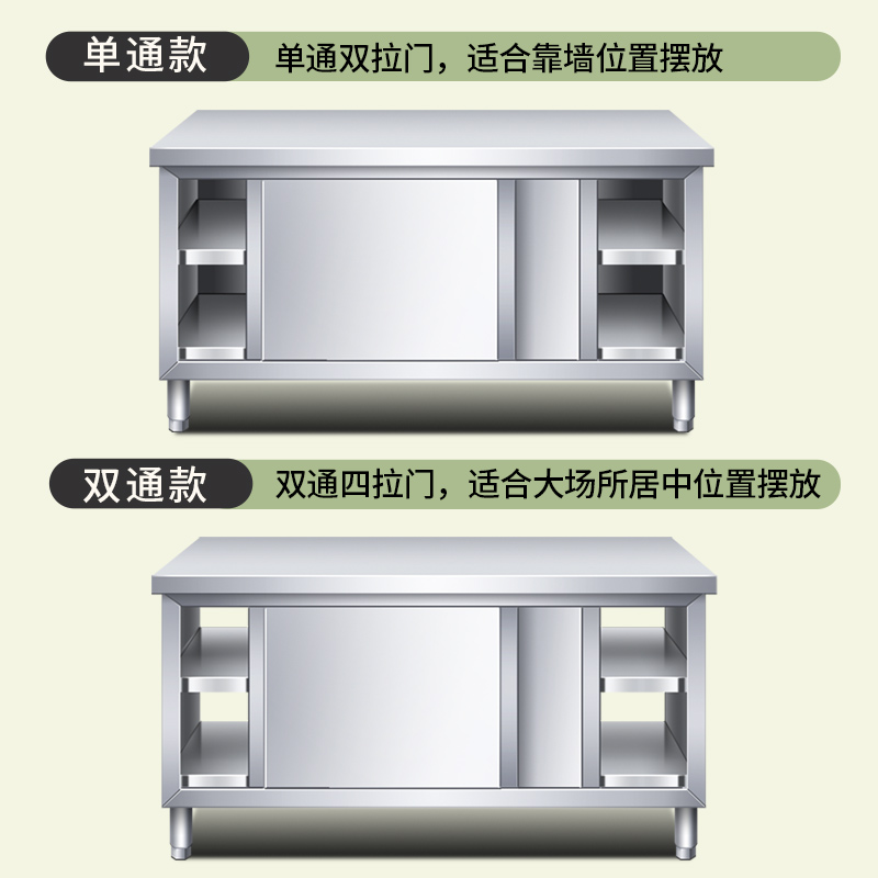 不锈钢工作台厨房操作台面储物柜切菜桌子带拉门案板商用烘焙