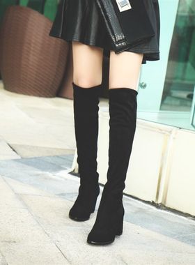 包邮秋冬季新款粗高跟圆头软绒布面长筒绒布靴蓝色酒红豹纹女靴子