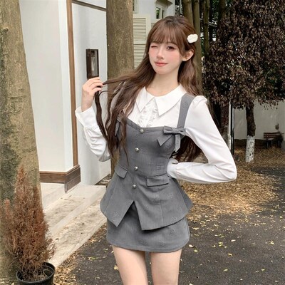 越韩小鱼 利斯顿少女 韩系灰马甲B白衬衫假两件半裙两件套显瘦气