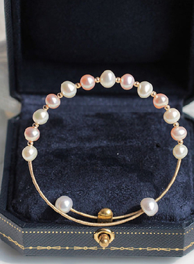 天然淡水强光珍珠绕线手链 14K包E金开口手镯 时尚彩色手串手镯女