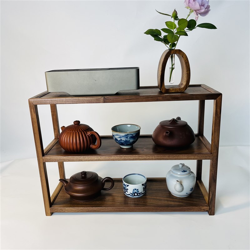 黑胡桃木茶器三层置物架茶室多宝阁博古架茶杯茶壶架收纳茶具陈列