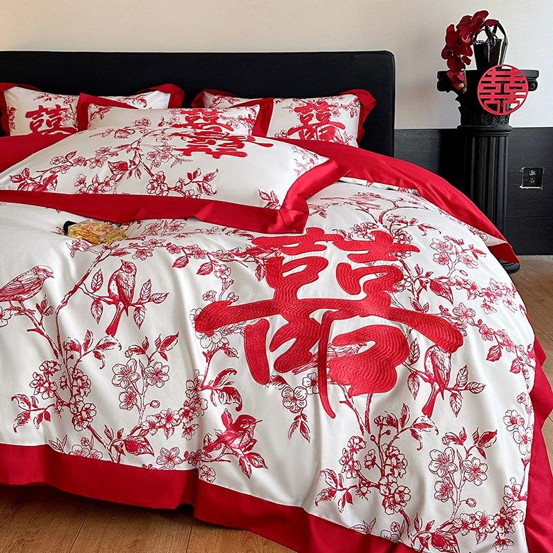 浪漫婚庆红色100S长绒棉四件套纯棉新婚陪嫁床上用品结婚床单被套