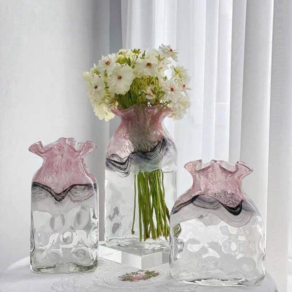 粉色花白水墨花波纹方形花器手工厚重玻璃花客厅插花水培花器,家居饰品,花瓶,淘宝优惠券,粉丝福利购,淘宝优惠卷