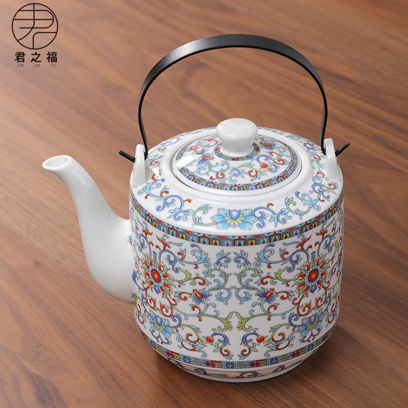 中式青花瓷泡茶壶陶瓷家用茶具提梁壶大容量N家用餐馆耐高温单个