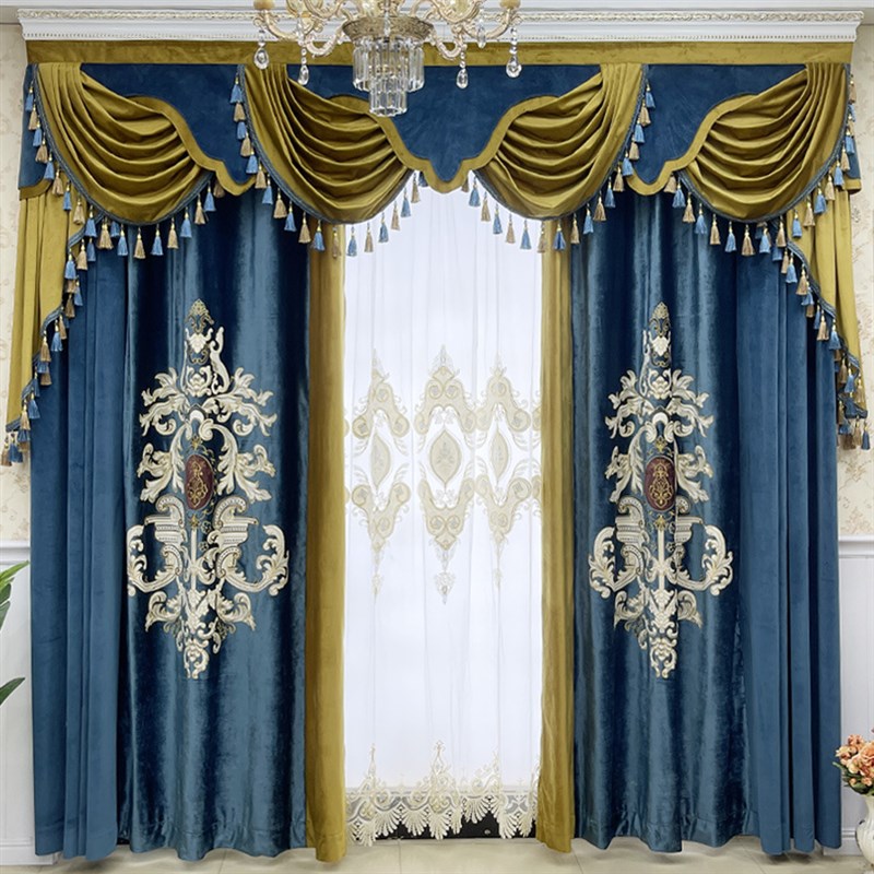 新款蓝色别墅欧式客厅奢华w卧室遮光绒布独花刺绣拼接高档窗帘
