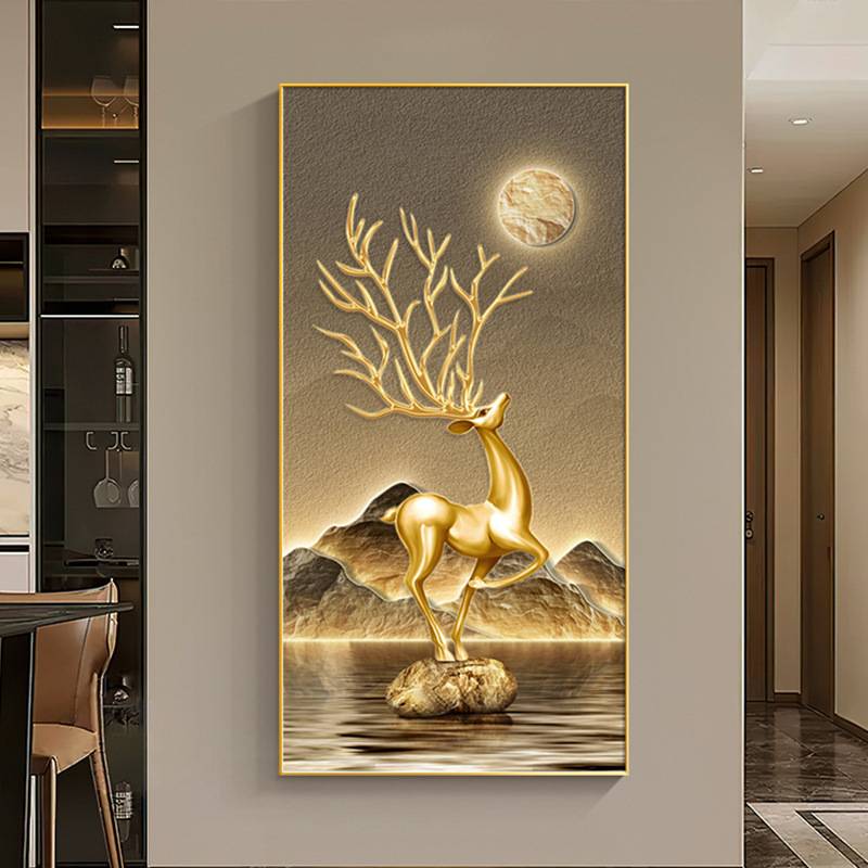 现代轻奢玄关装饰画大气麋鹿入户LED灯画寓意好走廊过道挂画