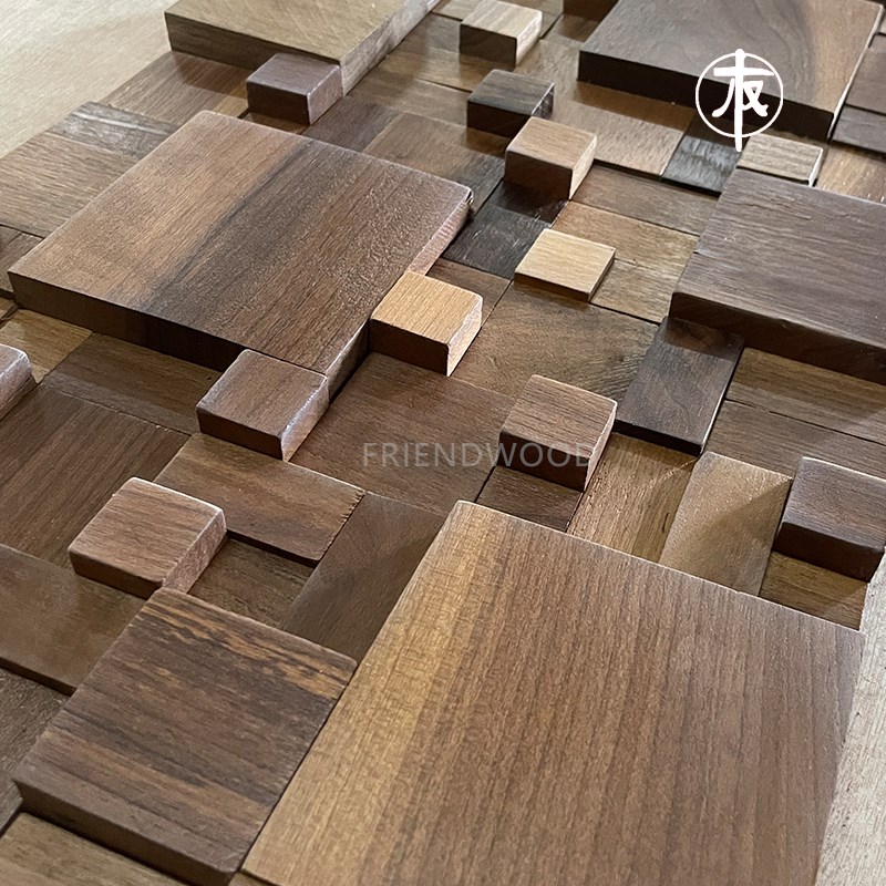 轻奢黑胡桃e实木小方块马赛克立体木质背景墙酒店客厅餐厅会所装